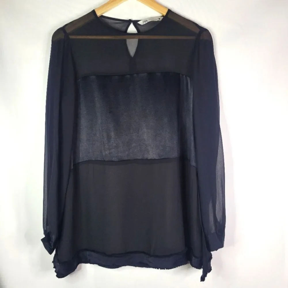 Zara Satin Bust Panel And Trim Sheer Black Chiffon Long Sleeve Blouse - Picture 2 of 12